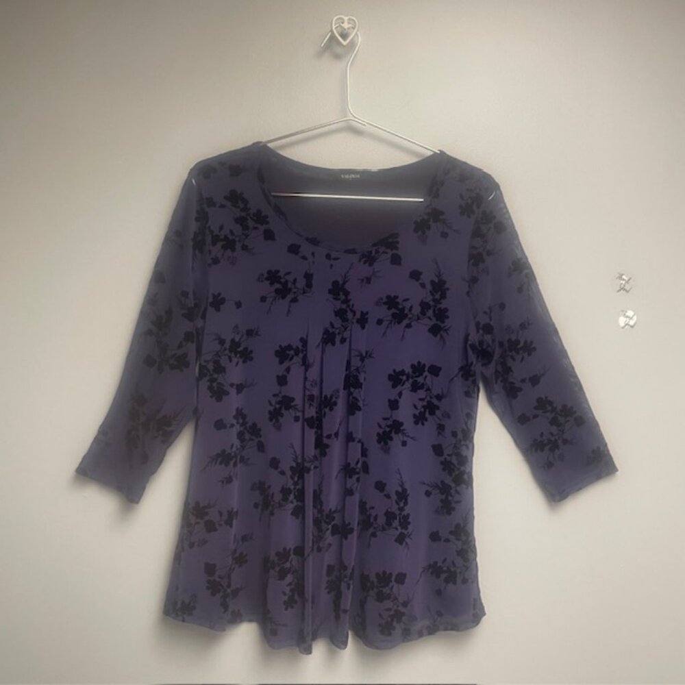 Valolia Women's Purple Black Floral 3/4 Sleeve Blouse - Size L
